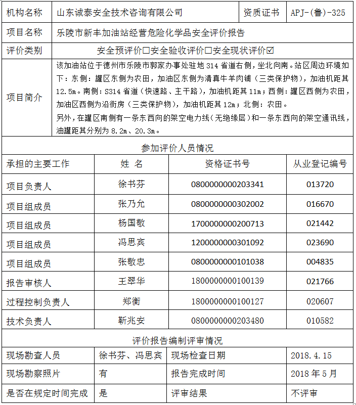 乐陵市新丰加油站经营危险化学品 安全评价报告