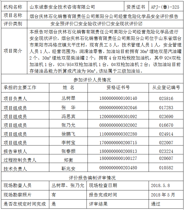 烟台庆林石化销售有限责任公司莱阳分公司经营危险化学品 安全评价报告