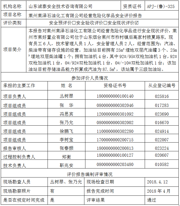 莱州莱泽石油化工有限公司经营危险化学品 安全评价报告