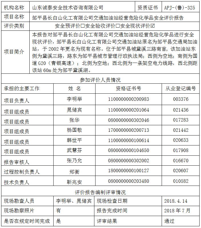 邹平县长白山化工有限公司交通加油站经营危险化学品 安全评价报告